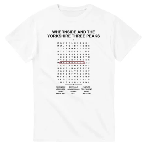 Word-search sheet for Whernside and the Yorkshire Three Peaks, with a large place-name heading, a letter grid, a local answer list, and a red highlighted example word.