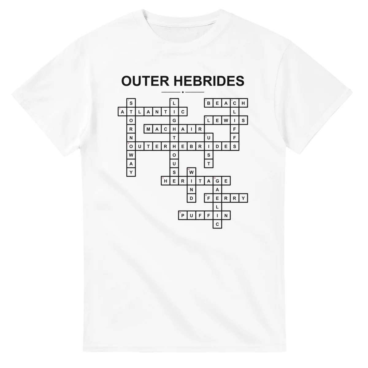 Monochrome crossword sheet for Outer Hebrides, with a large place-name heading, a letter grid, and numbered across and down clues.