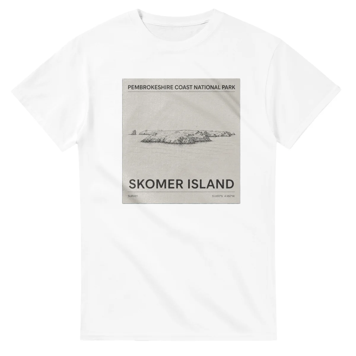 Fine-line engraving-style drawing for Pembrokeshire Coast National Park, with a landmark caption and small coordinate text.
