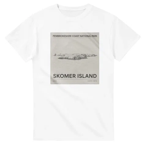 Fine-line engraving-style drawing for Pembrokeshire Coast National Park, with a landmark caption and small coordinate text.