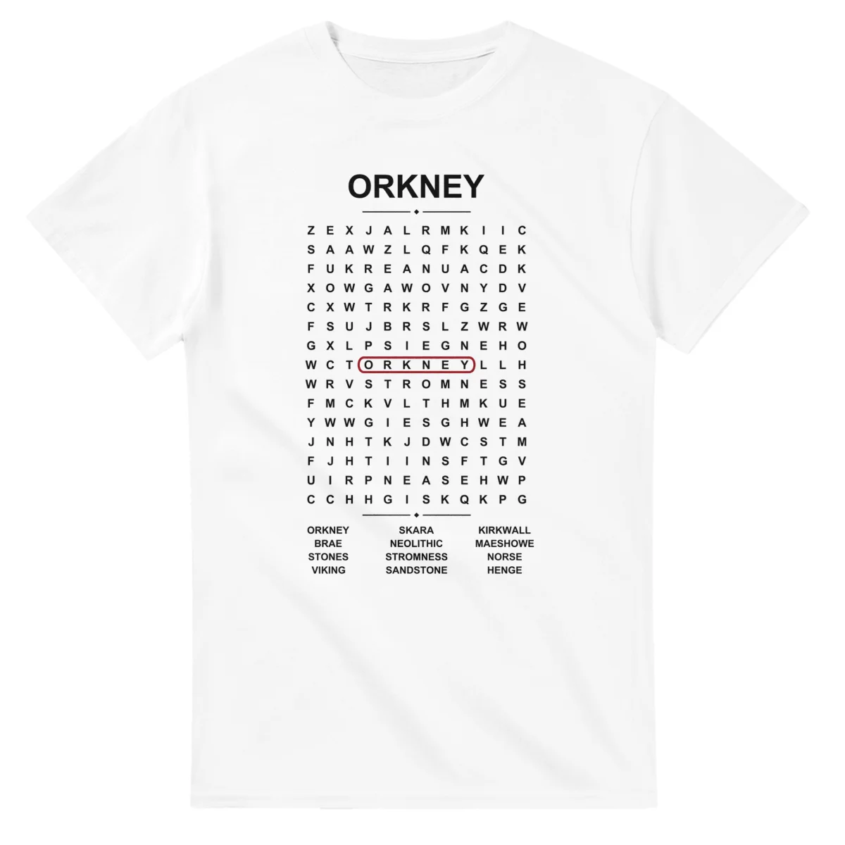 Word-search sheet for Orkney, with a large place-name heading, a letter grid, a local answer list, and a red highlighted example word.