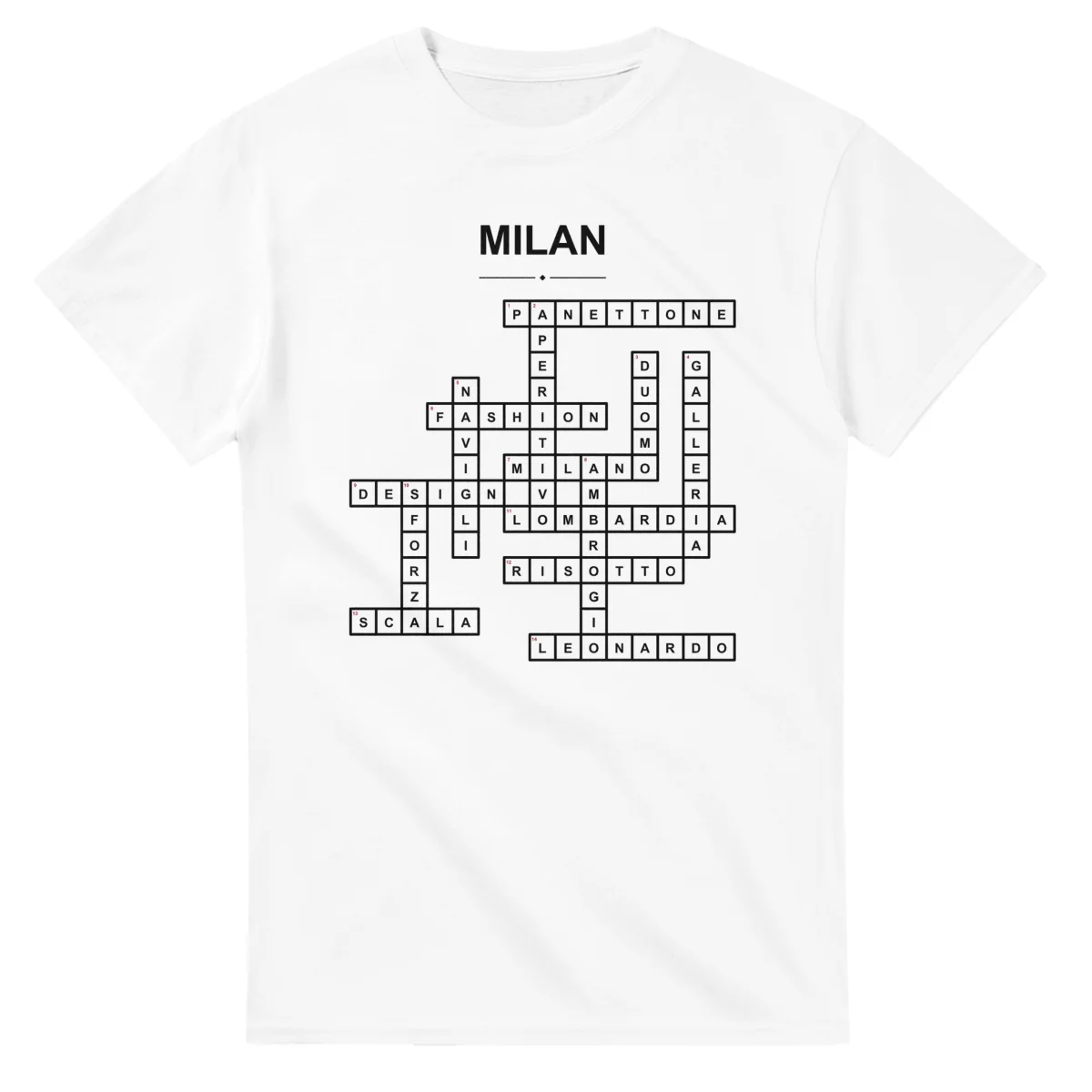 Monochrome crossword sheet for Milan, with a large place-name heading, a letter grid, and numbered across and down clues.