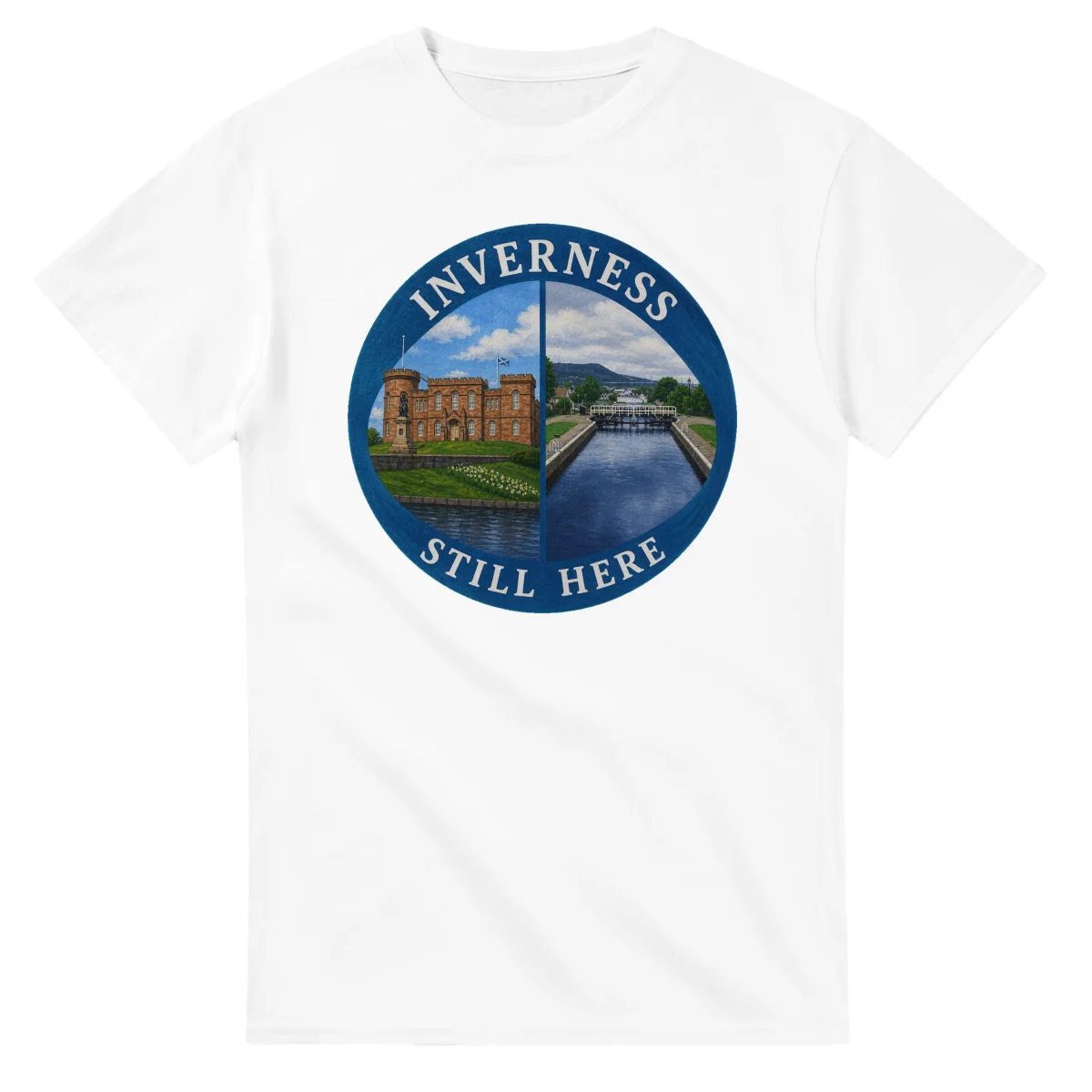 Painted, panelled scenic illustration for Inverness, with paired local scenes and the place name in lettering.