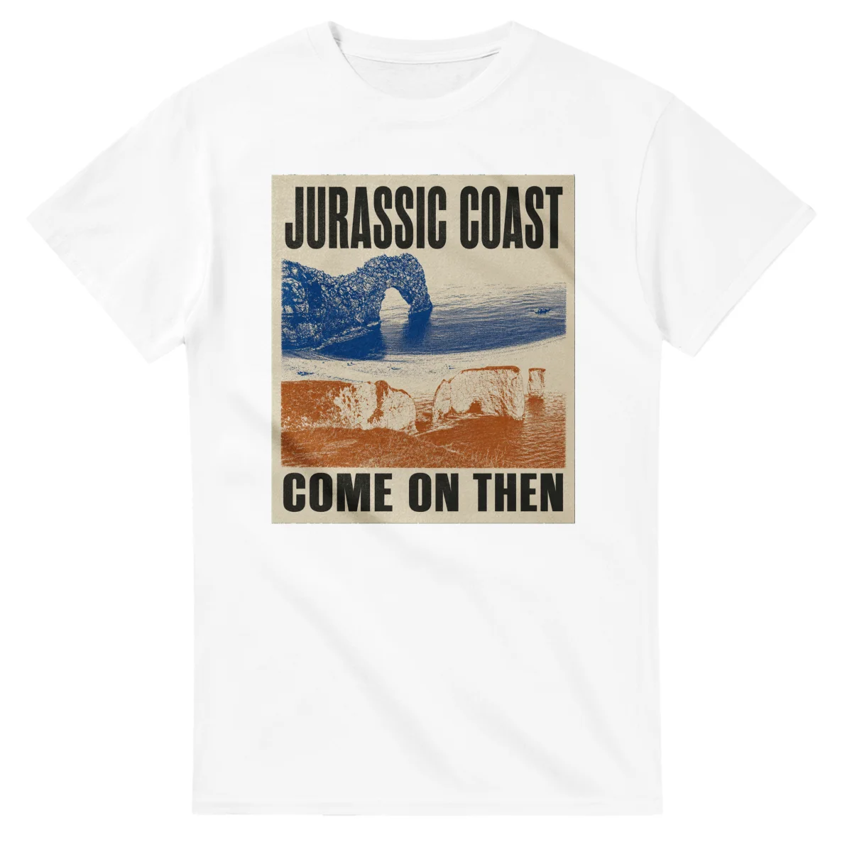 Two-colour scenic illustration for Jurassic Coast, with the place name and COME ON THEN lettering.