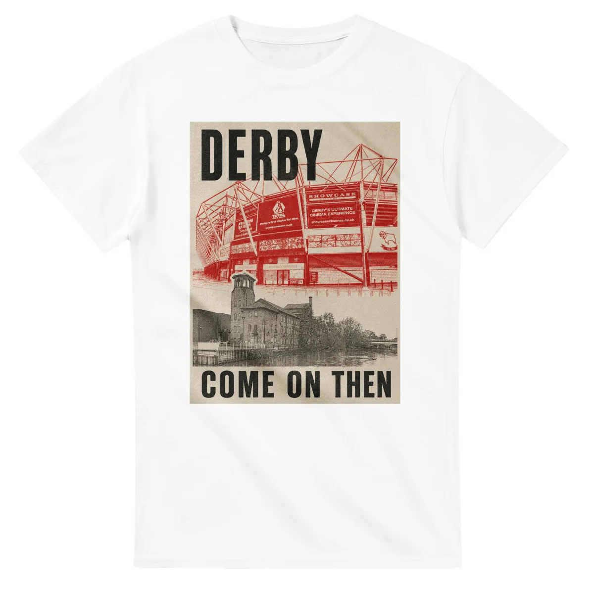 Two-colour scenic illustration for Derby, with the place name and COME ON THEN lettering.