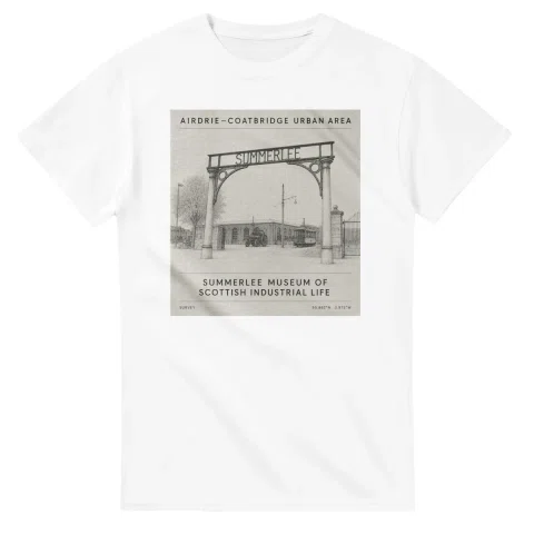Fine-line engraving-style drawing for Airdrie–Coatbridge urban area, with a landmark caption and small coordinate text.