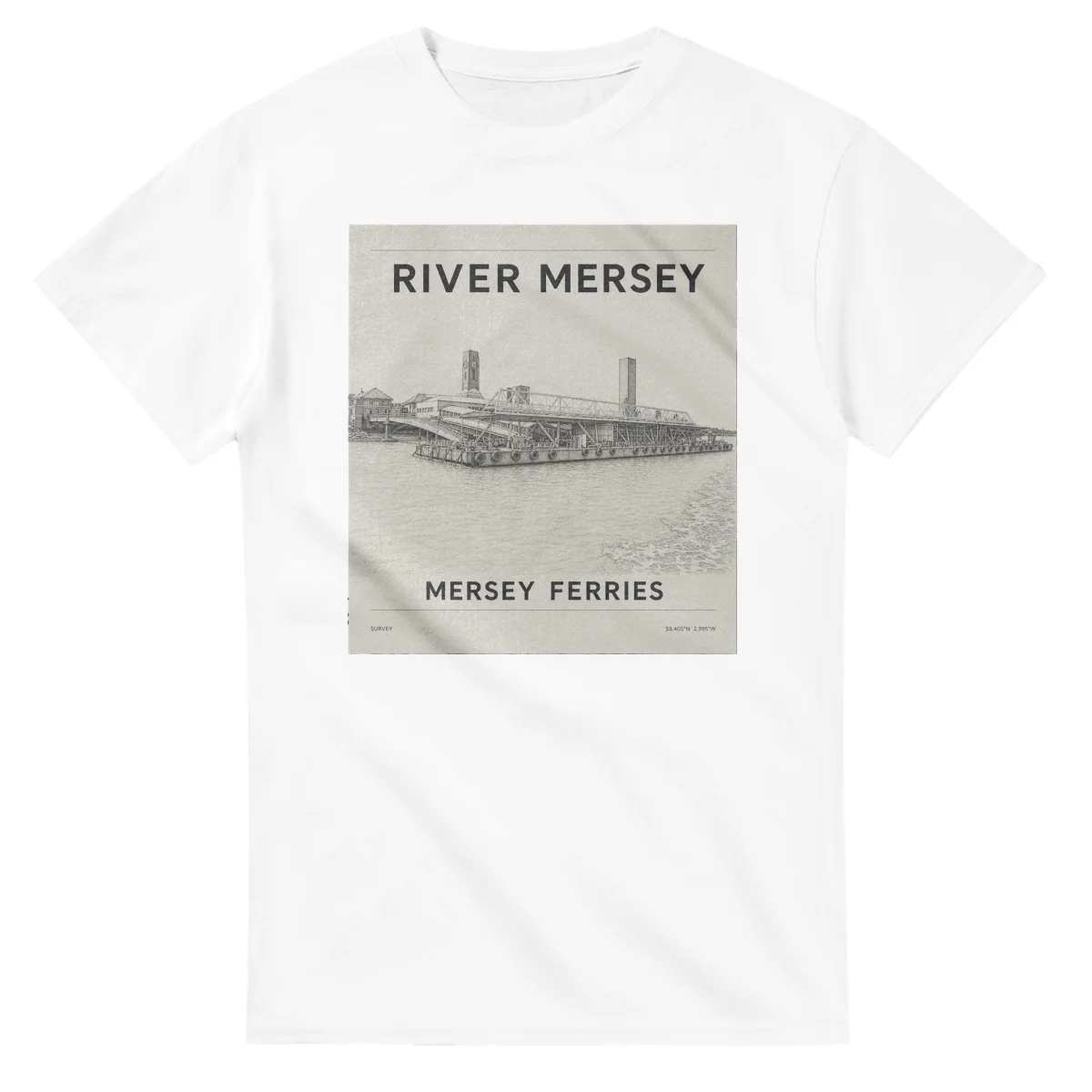 Fine-line engraving-style drawing for River Mersey, with a landmark caption and small coordinate text.