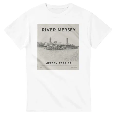 Fine-line engraving-style drawing for River Mersey, with a landmark caption and small coordinate text.