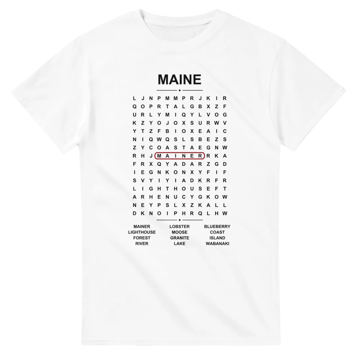 Word-search sheet for Maine, with a large place-name heading, a letter grid, a local answer list, and a red highlighted example word.