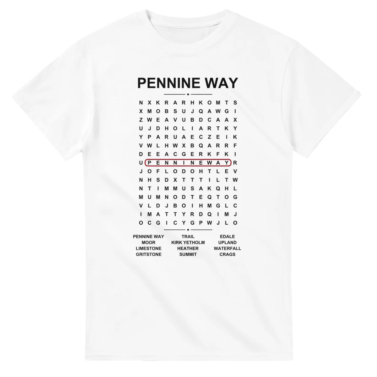 Word-search sheet for Pennine Way, with a large place-name heading, a letter grid, a local answer list, and a red highlighted example word.