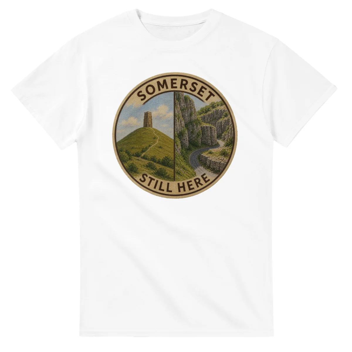 Painted, panelled scenic illustration for Somerset, with paired local scenes and the place name in lettering.