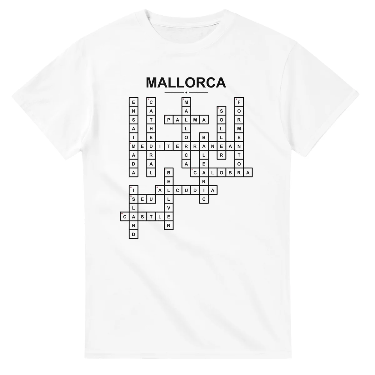 Monochrome crossword sheet for Mallorca, with a large place-name heading, a letter grid, and numbered across and down clues.