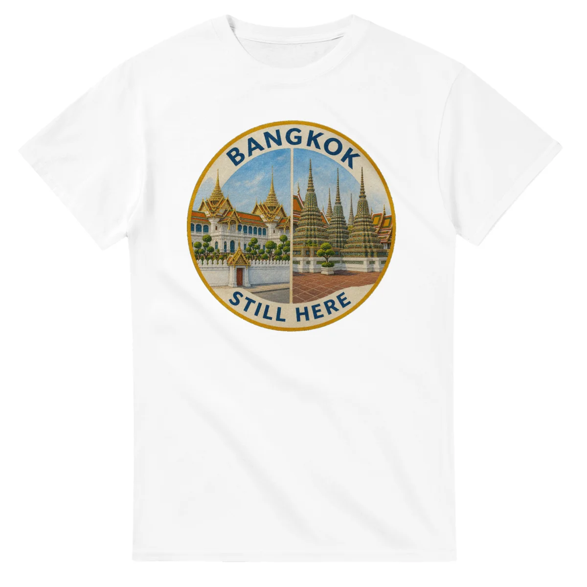 Painted, panelled scenic illustration for Bangkok, with paired local scenes and the place name in lettering.