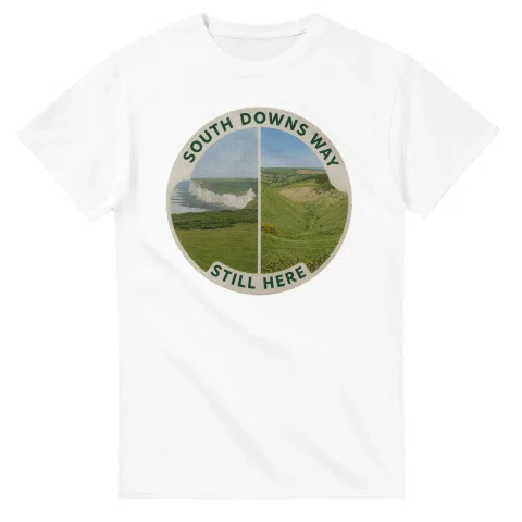 Painted, panelled scenic illustration for South Downs Way, with paired local scenes and the place name in lettering.