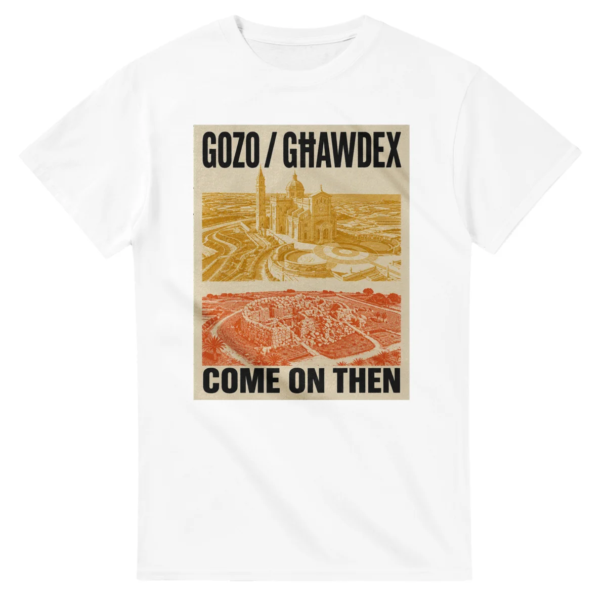 Two-colour scenic illustration for Gozo / Għawdex, with the place name and COME ON THEN lettering.
