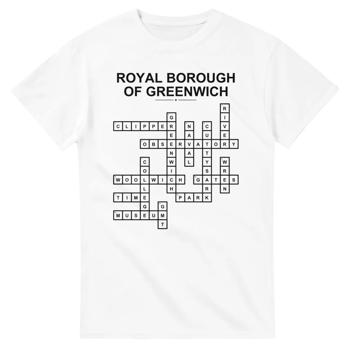 Monochrome crossword sheet for Royal Borough of Greenwich, with a large place-name heading, a letter grid, and numbered across and down clues.