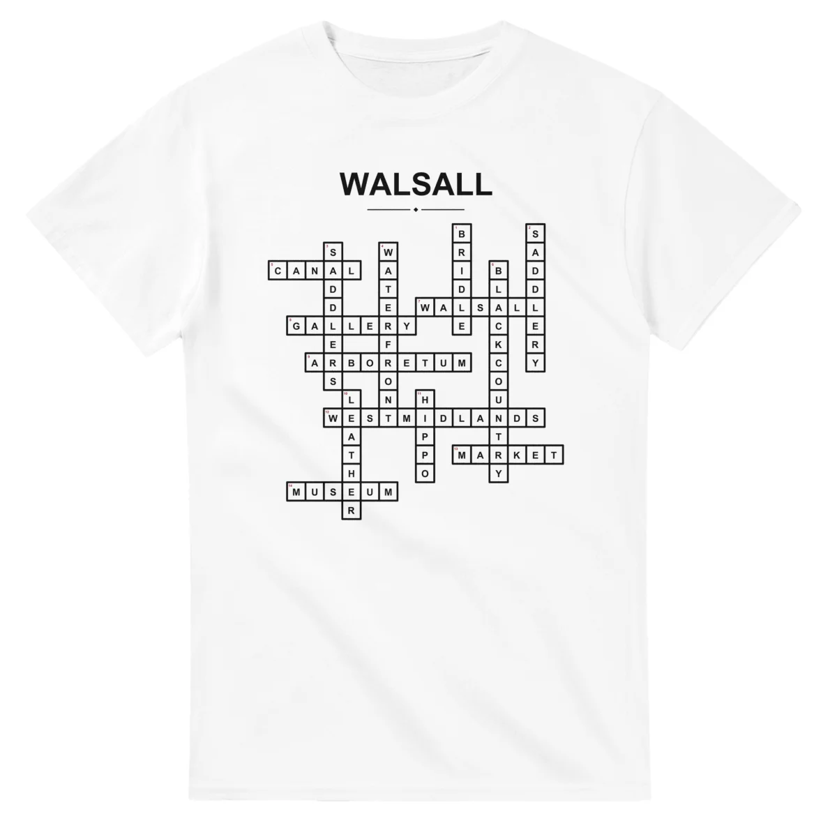 Monochrome crossword sheet for Walsall, with a large place-name heading, a letter grid, and numbered across and down clues.