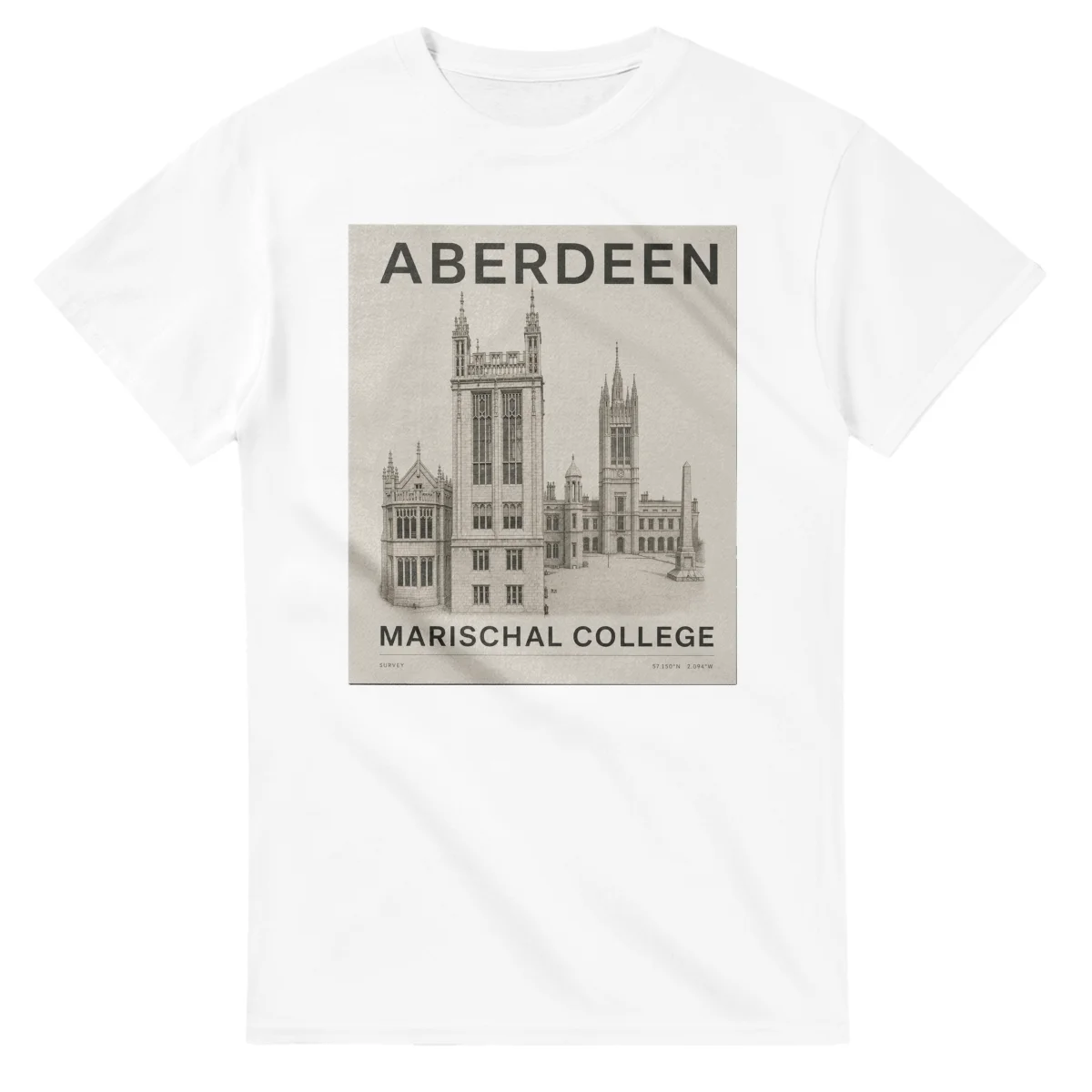 Fine-line engraving-style drawing for Aberdeen, with a landmark caption and small coordinate text.