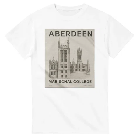 Fine-line engraving-style drawing for Aberdeen, with a landmark caption and small coordinate text.