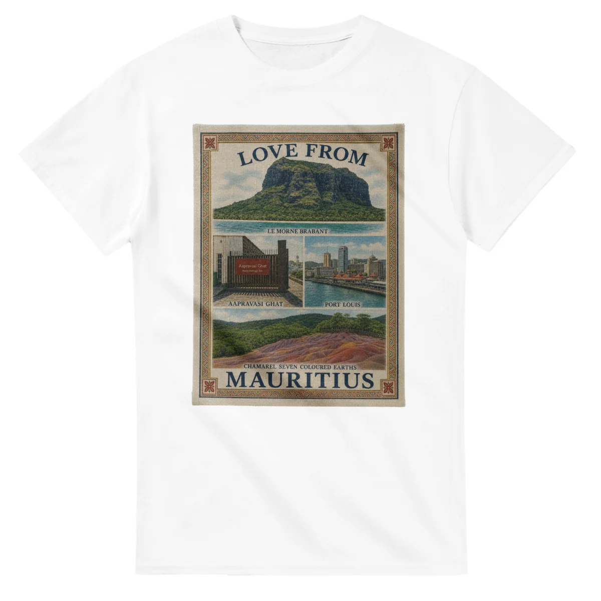 Framed scenic design for Mauritius, with several local views, a decorative border and LOVE FROM lettering.