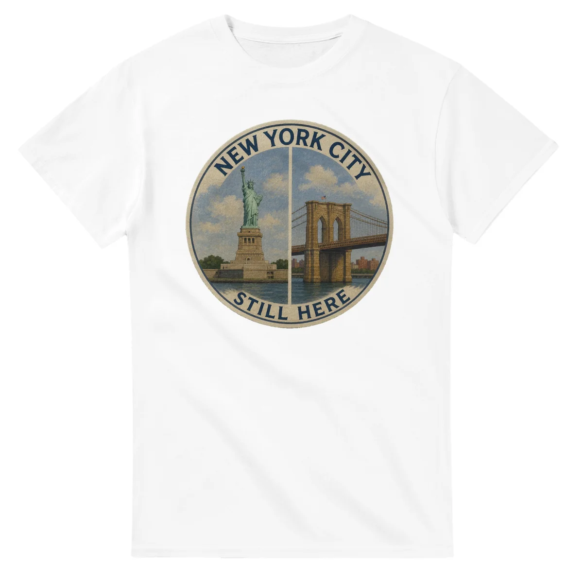 Painted, panelled scenic illustration for New York City, with paired local scenes and the place name in lettering.
