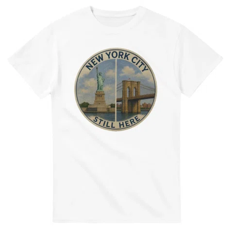 Painted, panelled scenic illustration for New York City, with paired local scenes and the place name in lettering.