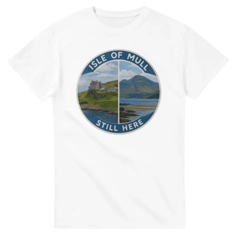 Painted, panelled scenic illustration for Isle of Mull, with paired local scenes and the place name in lettering.