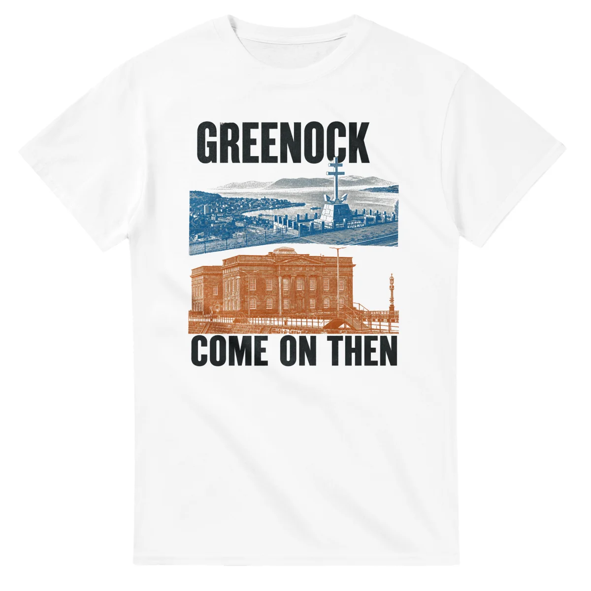 Two-colour scenic illustration for Greenock, with the place name and COME ON THEN lettering.