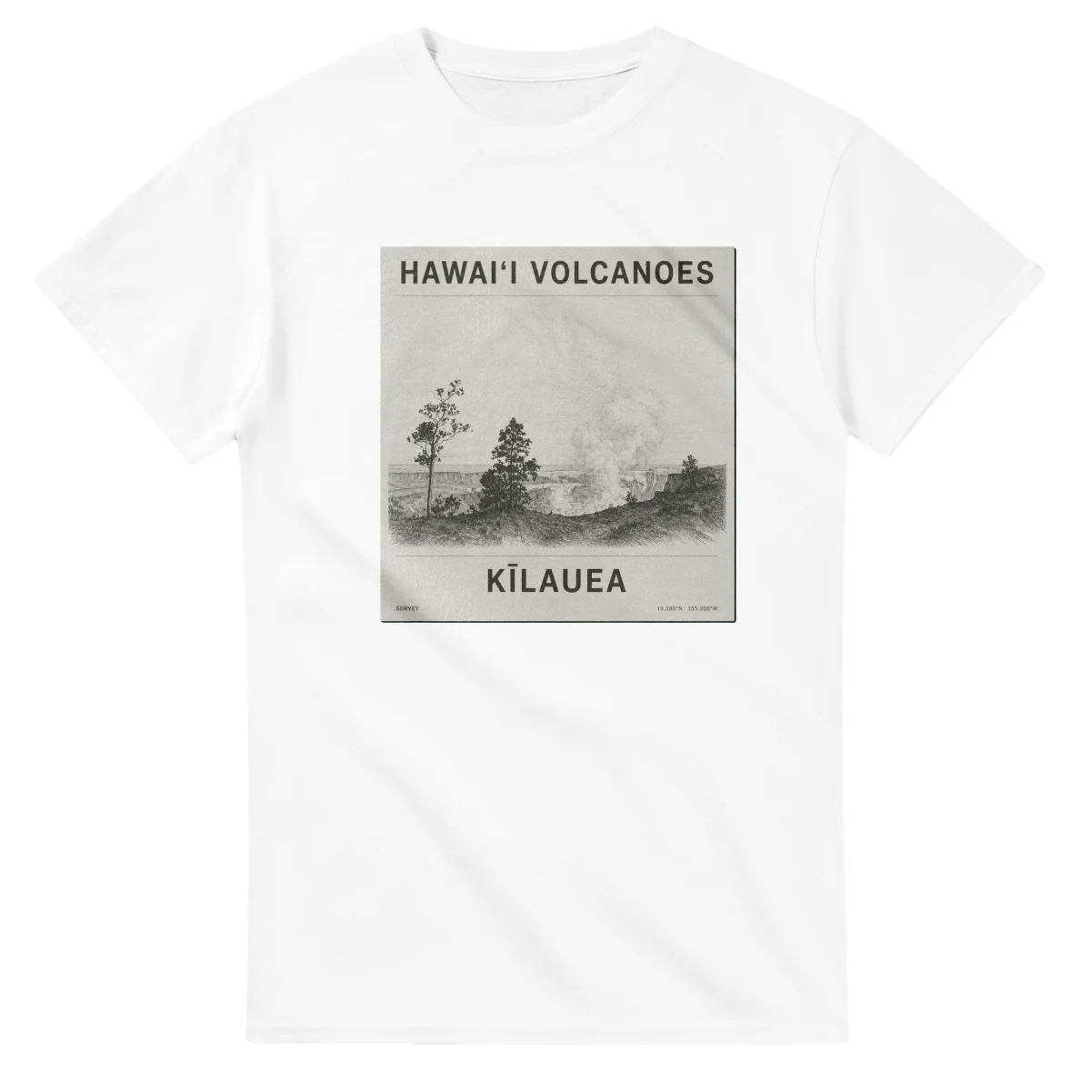 Fine-line engraving-style drawing for Hawaiʻi Volcanoes National Park, with a landmark caption and small coordinate text.