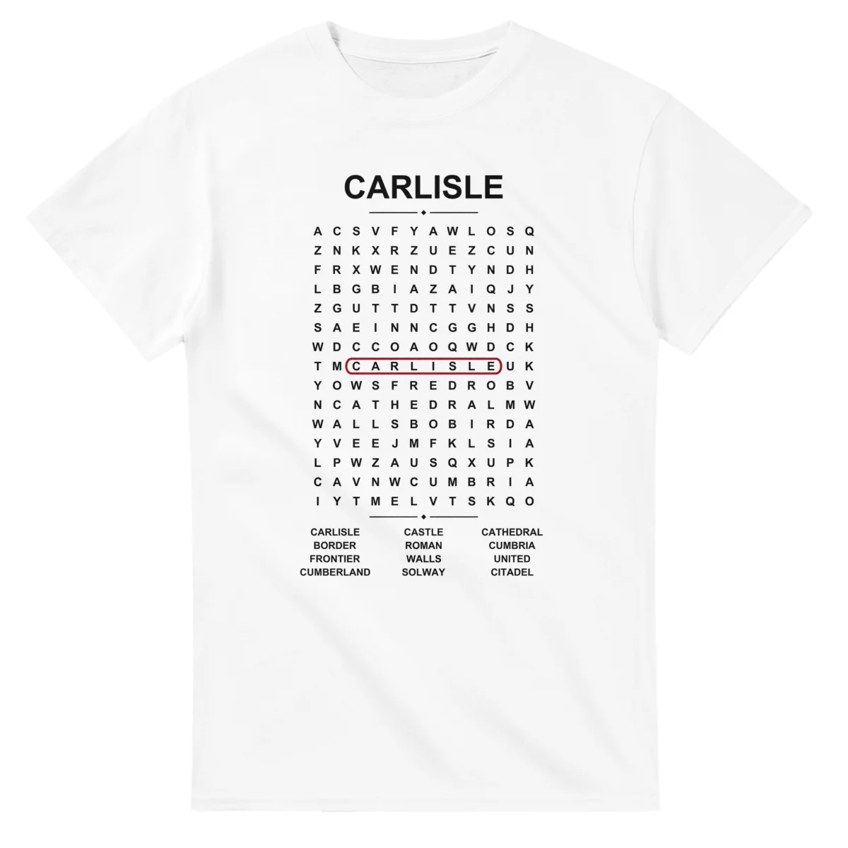 Word-search sheet for Carlisle, with a large place-name heading, a letter grid, a local answer list, and a red highlighted example word.