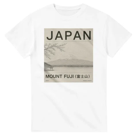 Fine-line engraving-style drawing for Japan, with a landmark caption and small coordinate text.