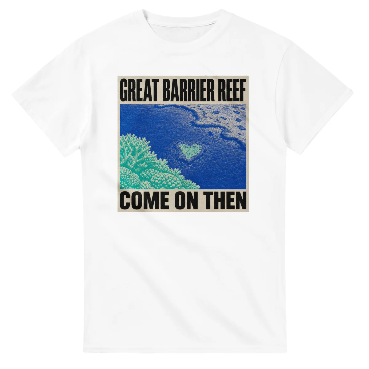 Two-colour scenic illustration for Great Barrier Reef, with the place name and COME ON THEN lettering.