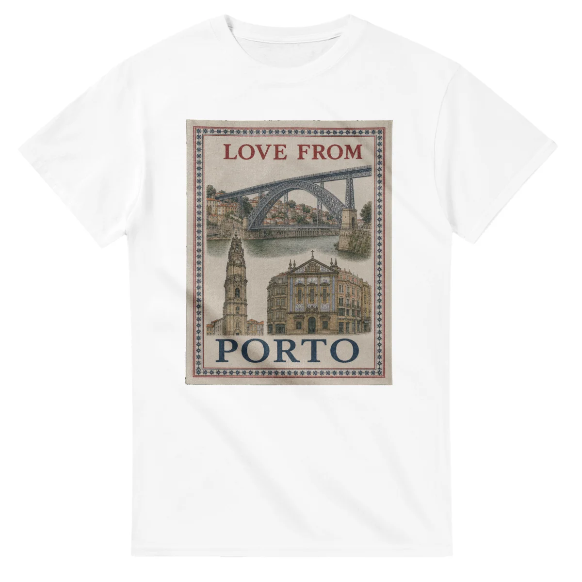 Framed scenic design for Porto, with several local views, a decorative border and LOVE FROM lettering.