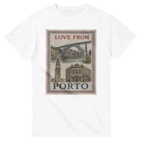 Framed scenic design for Porto, with several local views, a decorative border and LOVE FROM lettering.