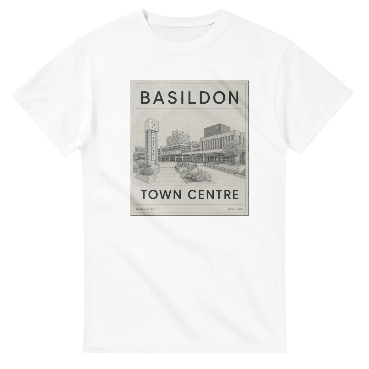 Fine-line engraving-style drawing for Basildon, with a landmark caption and small coordinate text.