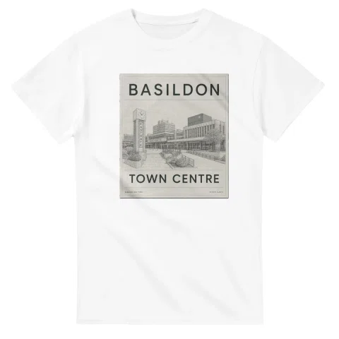 Fine-line engraving-style drawing for Basildon, with a landmark caption and small coordinate text.