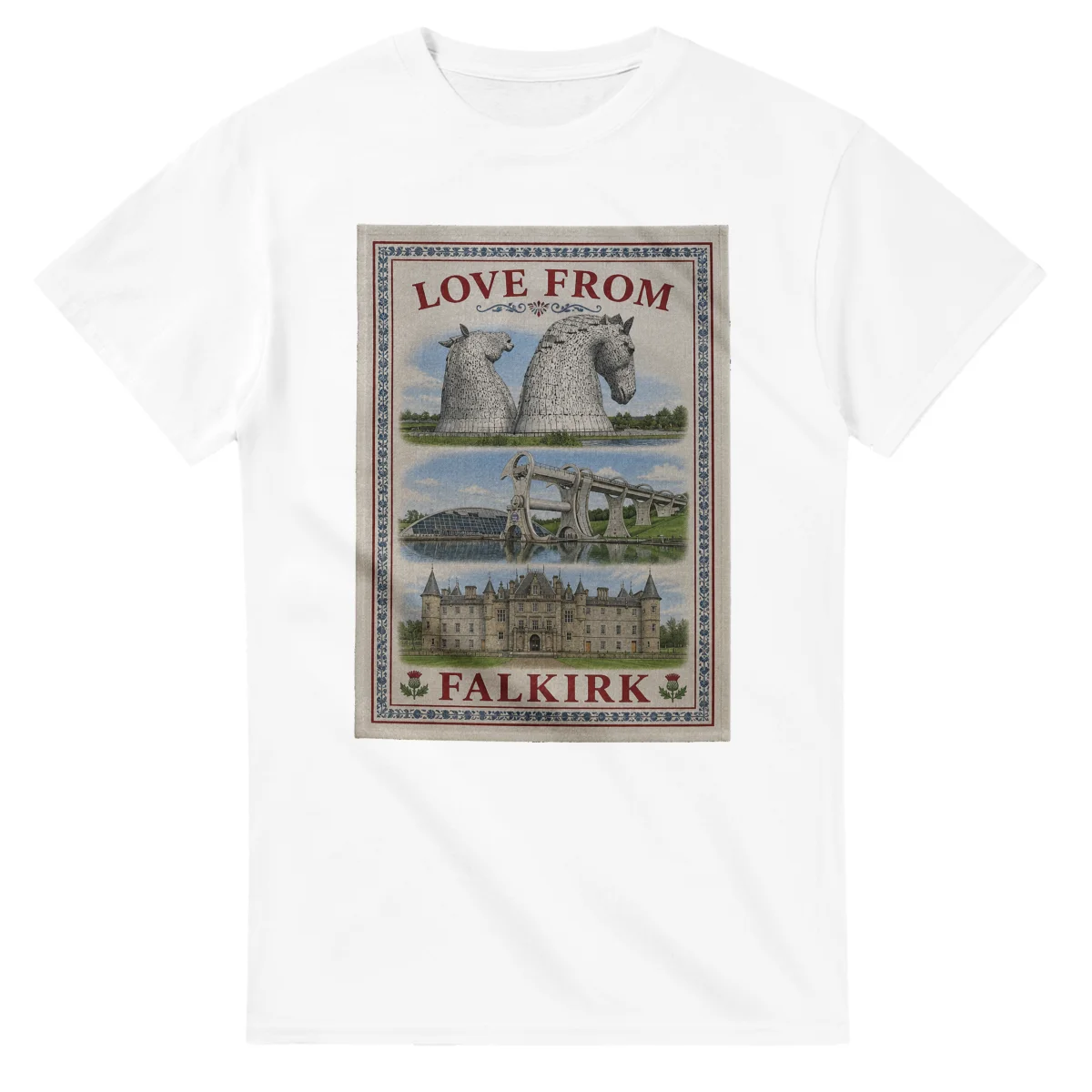 Framed scenic design for Falkirk, with several local views, a decorative border and LOVE FROM lettering.