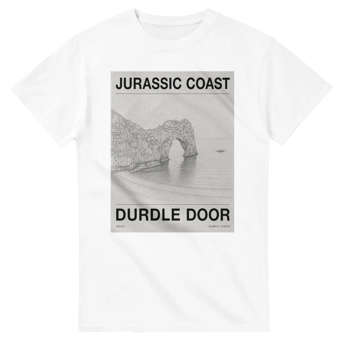 Fine-line engraving-style drawing for Jurassic Coast, with a landmark caption and small coordinate text.