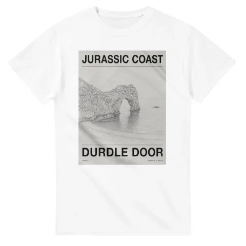 Fine-line engraving-style drawing for Jurassic Coast, with a landmark caption and small coordinate text.