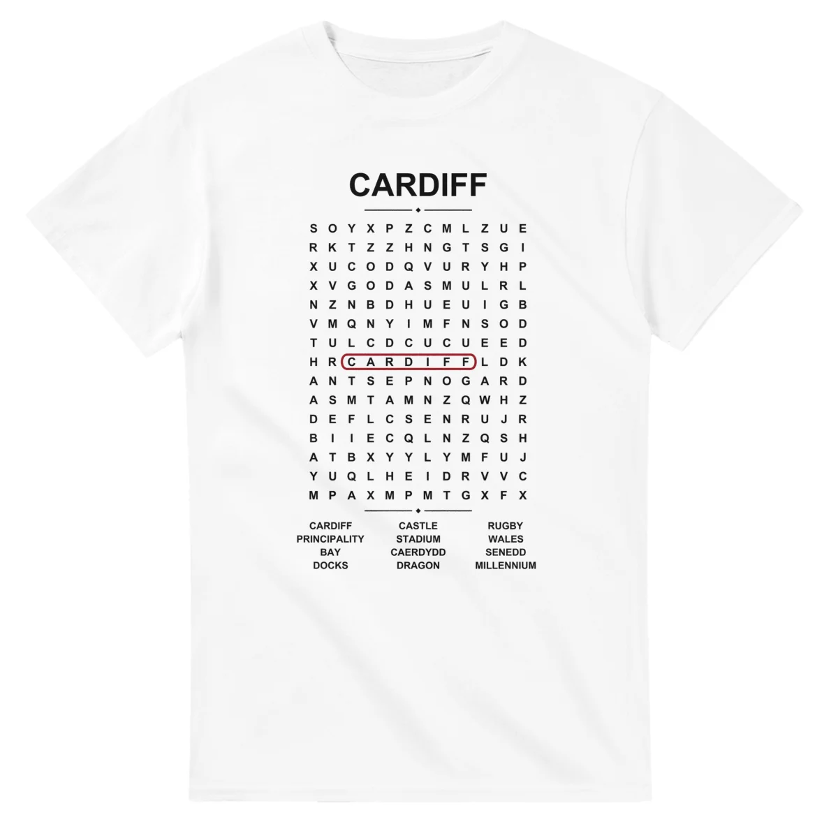 Word-search sheet for Cardiff, with a large place-name heading, a letter grid, a local answer list, and a red highlighted example word.