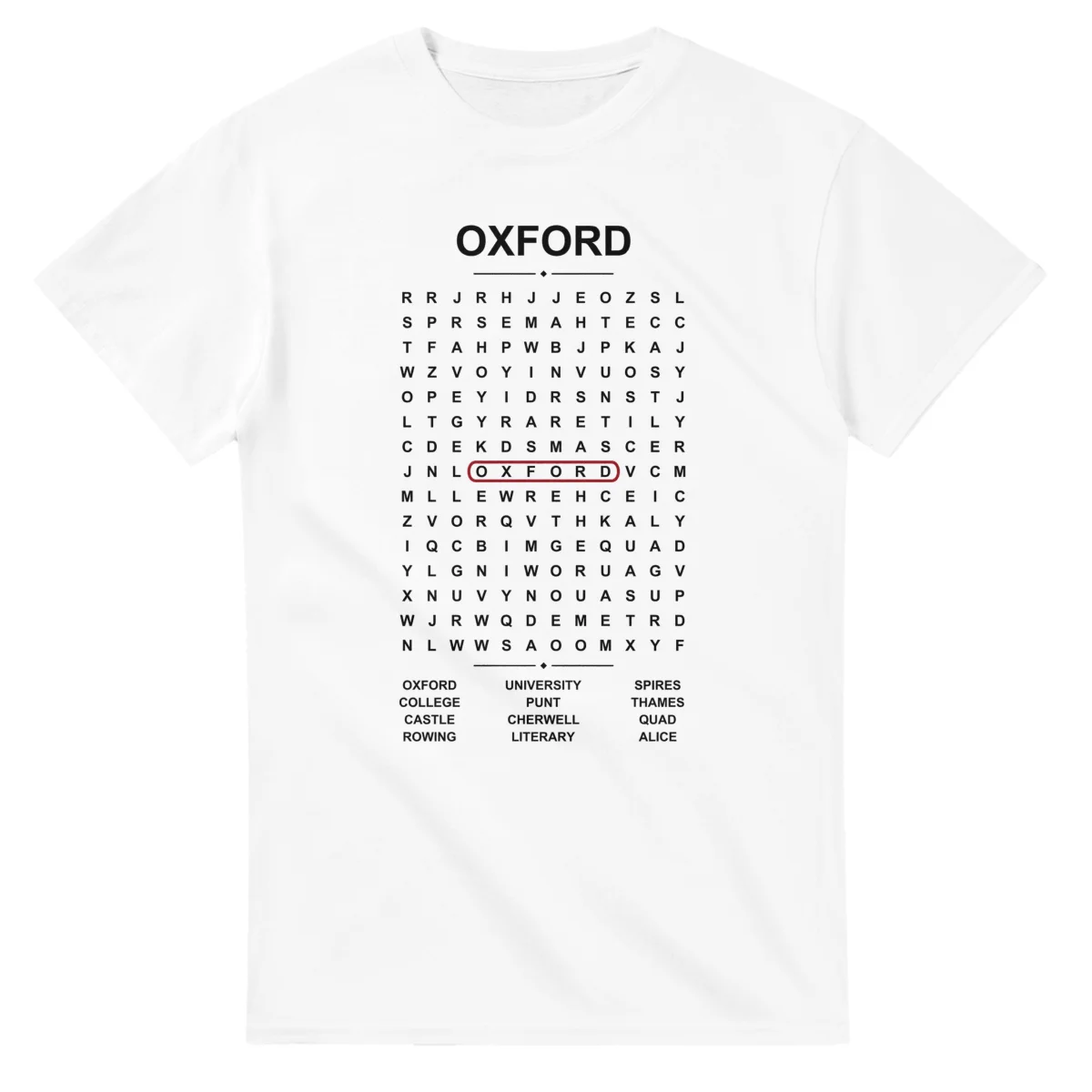 Word-search sheet for Oxford, with a large place-name heading, a letter grid, a local answer list, and a red highlighted example word.