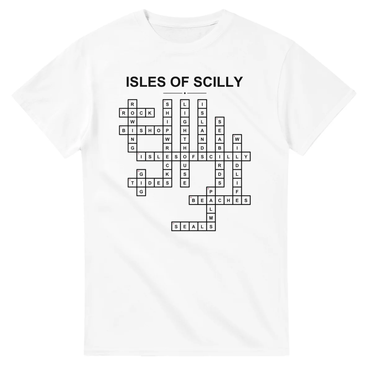Monochrome crossword sheet for Isles of Scilly, with a large place-name heading, a letter grid, and numbered across and down clues.