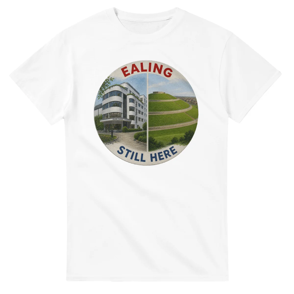 Painted, panelled scenic illustration for London Borough of Ealing, with paired local scenes and the place name in lettering.