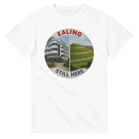 Painted, panelled scenic illustration for London Borough of Ealing, with paired local scenes and the place name in lettering.