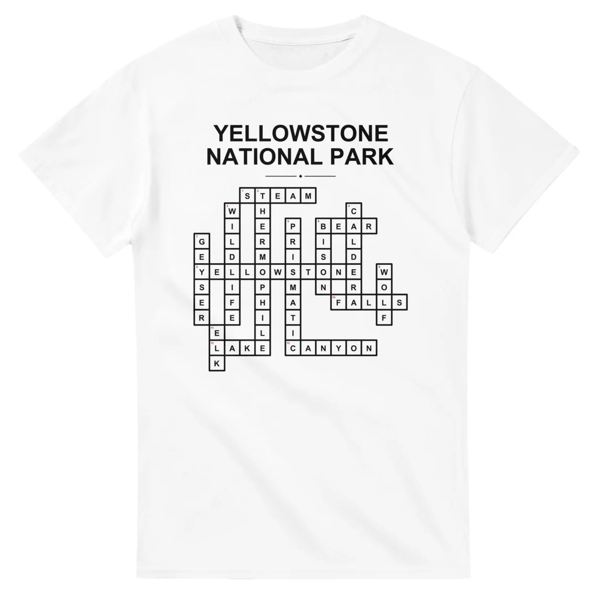 Monochrome crossword sheet for Yellowstone National Park, with a large place-name heading, a letter grid, and numbered across and down clues.
