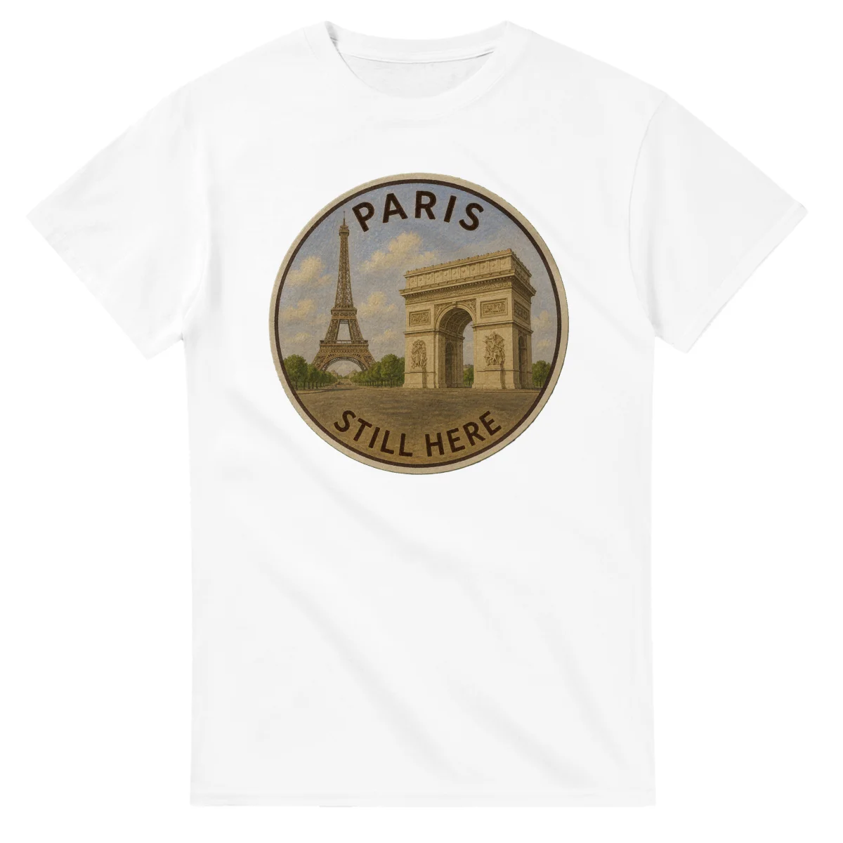 Painted, panelled scenic illustration for Paris, with paired local scenes and the place name in lettering.