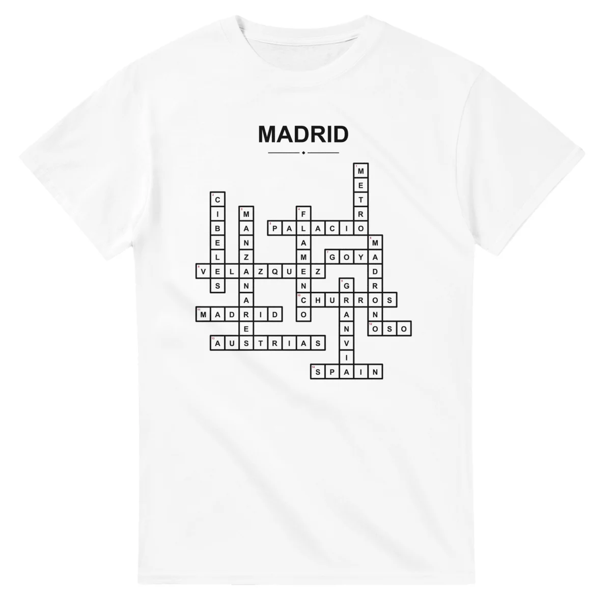 Monochrome crossword sheet for Madrid, with a large place-name heading, a letter grid, and numbered across and down clues.