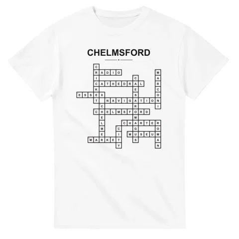 Monochrome crossword sheet for Chelmsford, with a large place-name heading, a letter grid, and numbered across and down clues.