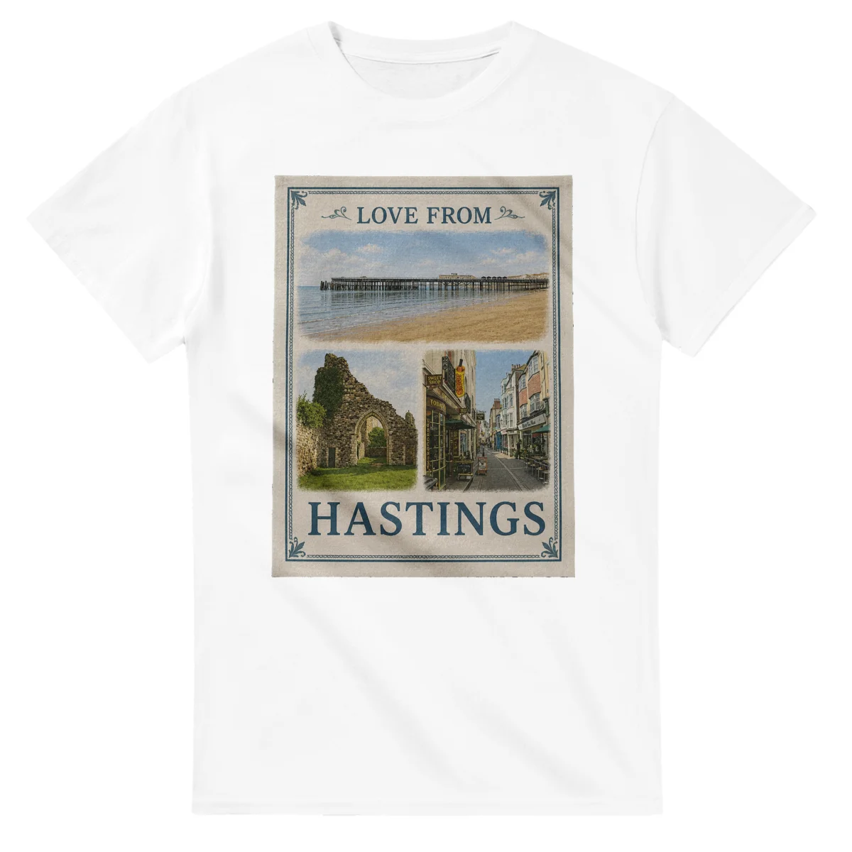 Framed scenic design for Hastings, with several local views, a decorative border and LOVE FROM lettering.
