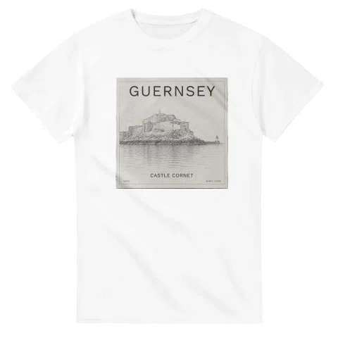 Fine-line engraving-style drawing for Guernsey, with a landmark caption and small coordinate text.